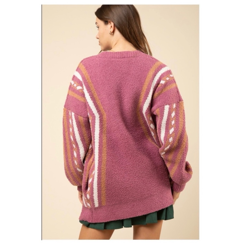 New In Pink Aztec Geometric Pattern Knit Sweater Cardigan - Picture 4 of 8